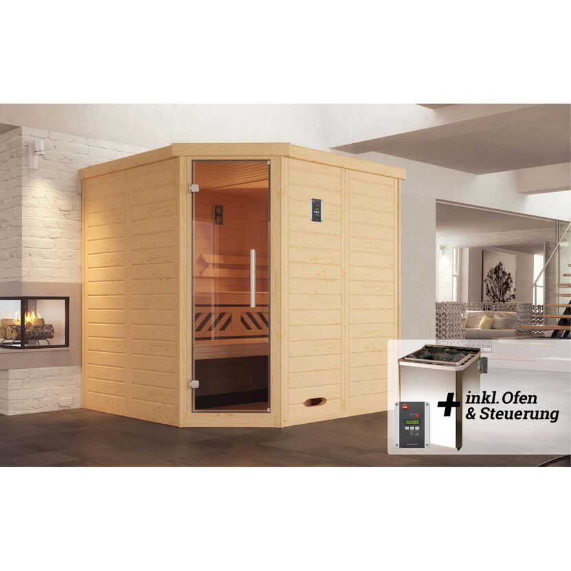 Ecksauna aus hellem Holz mit Saunaofen und Steuerung