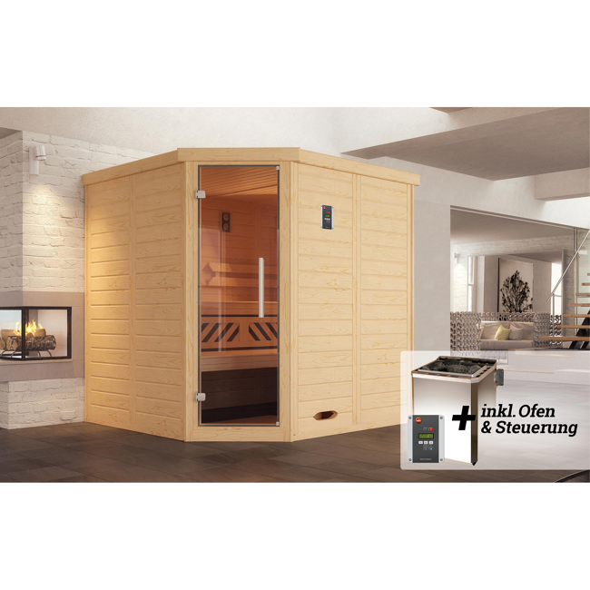 Bild von Massivholz-Elementsauna 'Kemi 1 Eck' mit 7,5 kW BioS-Ofenset, Steuerung, Glastür 188 x 140 x 200 cm