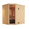 Weka Sauna aus hellem Holz mit Glastür.