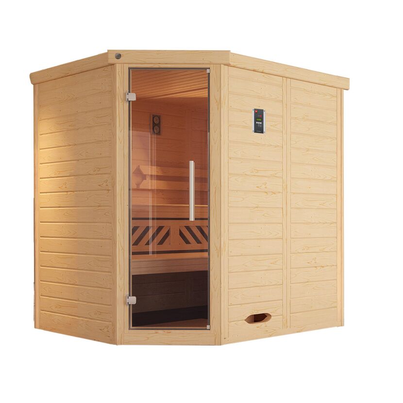 Weka Sauna aus hellem Holz mit Glastür.