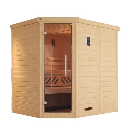 3. Bild von Massivholz-Elementsauna 'Kemi 1 Eck' mit 7,5 kW BioS-Ofenset, Steuerung, Glastür 188 x 140 x 200 cm