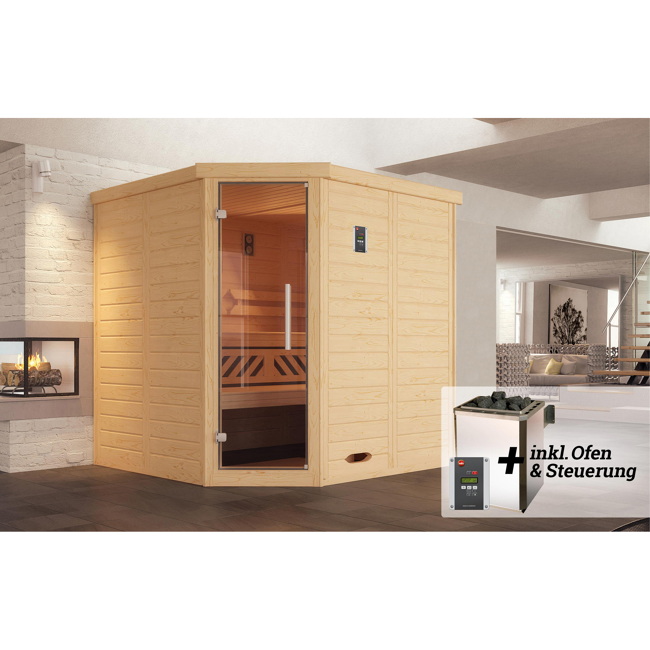 Bild von Massivholz-Elementsauna 'Kemi 2 Eck' mit 7,5 kW OS-Ofenset, Steuerung, Glastür 188 x 188 x 200 cm
