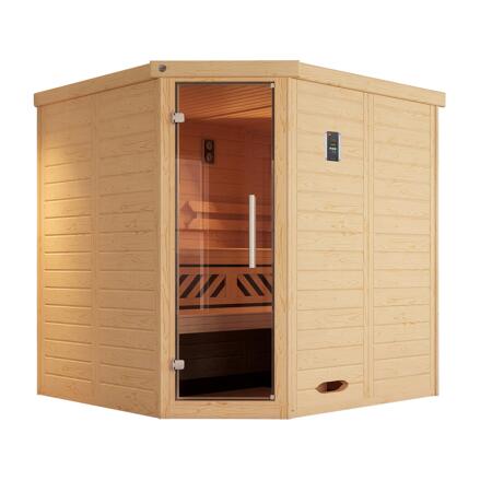 3. Bild von Massivholz-Elementsauna 'Kemi 2 Eck' mit 7,5 kW OS-Ofenset, Steuerung, Glastür 188 x 188 x 200 cm