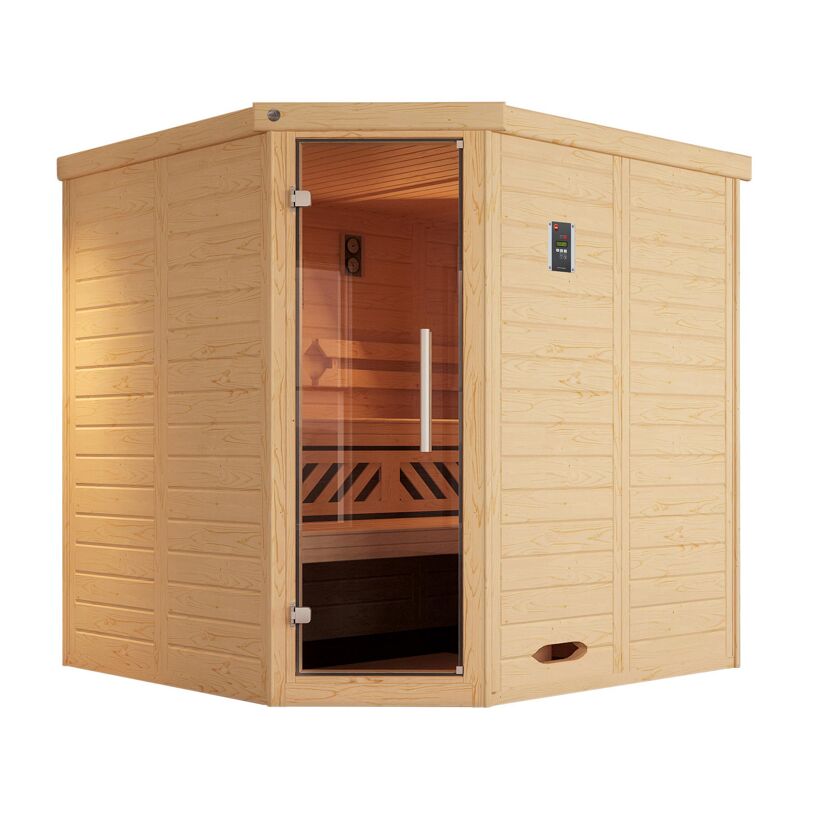 Ecksauna aus hellem Holz mit offener Glastür.