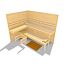 Ecksauna aus hellem Holz mit brauner Fußmatte