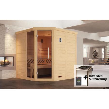 2. Bild von Massivholz-Elementsauna 'Kemi 2 Eck' mit 7,5 kW BioS-Ofenset, Steuerung, Glastür, Fenster 188 x 188 x 200 cm