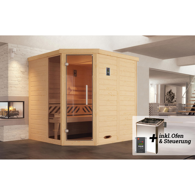 Bild von Massivholz-Elementsauna 'Kemi 2 Eck' mit 7,5 kW BioS-Ofenset, Steuerung, Glastür, Fenster 188 x 188 x 200 cm