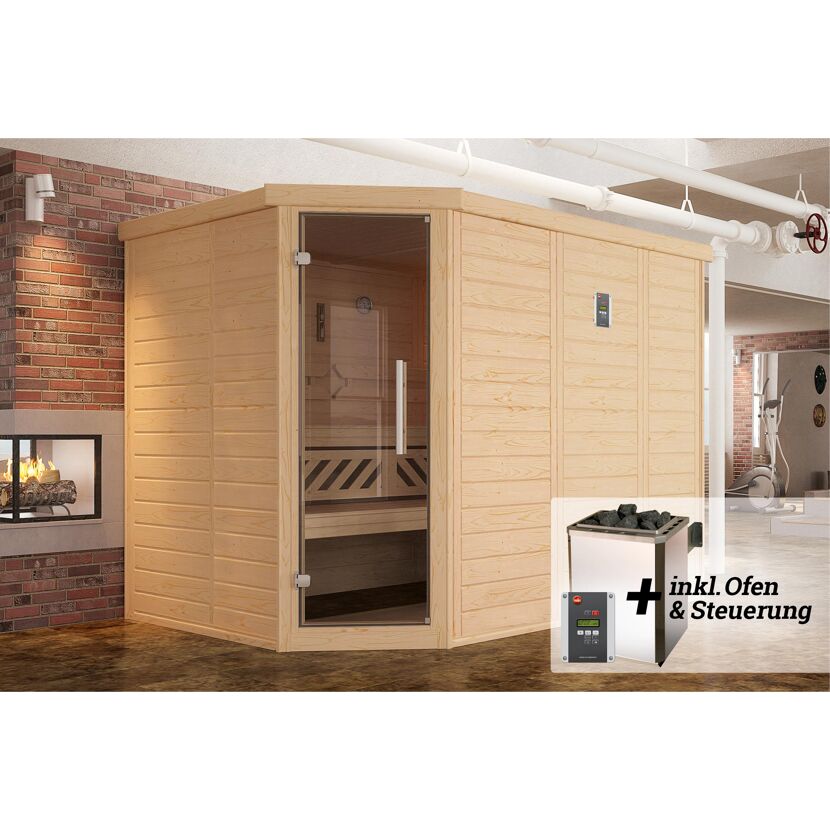 Ecksauna aus hellem Holz mit Saunaofen und Steuerung