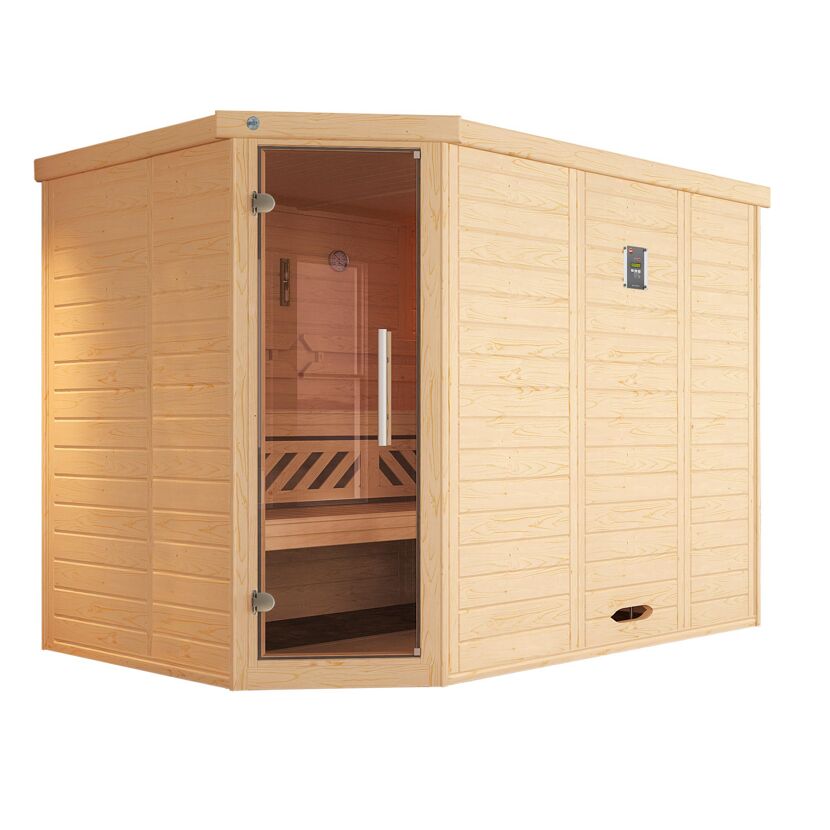 Ecksauna aus hellem Holz mit offener Glastür.