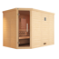 Ecksauna aus hellem Holz mit offener Glastür.
