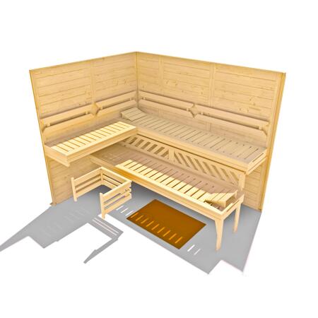 5. Bild von Massivholz-Elementsauna 'Kemi 3 Eck' mit 7,5 kW BioS-Ofenset, Steuerung, Glastür 238 x 188 x 200 cm