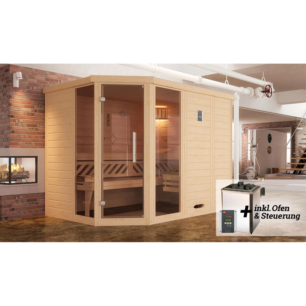 Ecksauna aus hellem Holz mit Saunaofen
