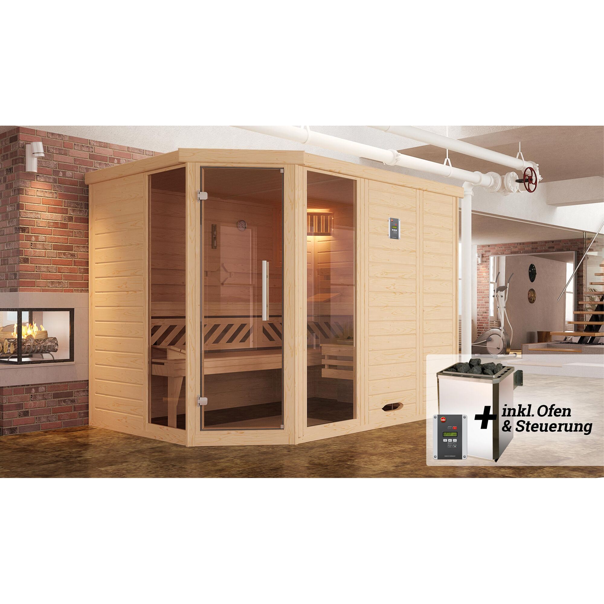 Ecksauna aus hellem Holz mit Saunaofen