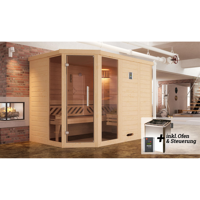 Bild von Massivholz-Elementsauna 'Kemi 3 Eck' mit 7,5 kW BioS-Ofenset, Steuerung, Glastür, 2 Fenster 238 x 188 x 200 cm
