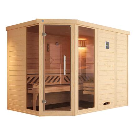 3. Bild von Massivholz-Elementsauna 'Kemi 3 Eck' mit 7,5 kW BioS-Ofenset, Steuerung, Glastür, 2 Fenster 238 x 188 x 200 cm
