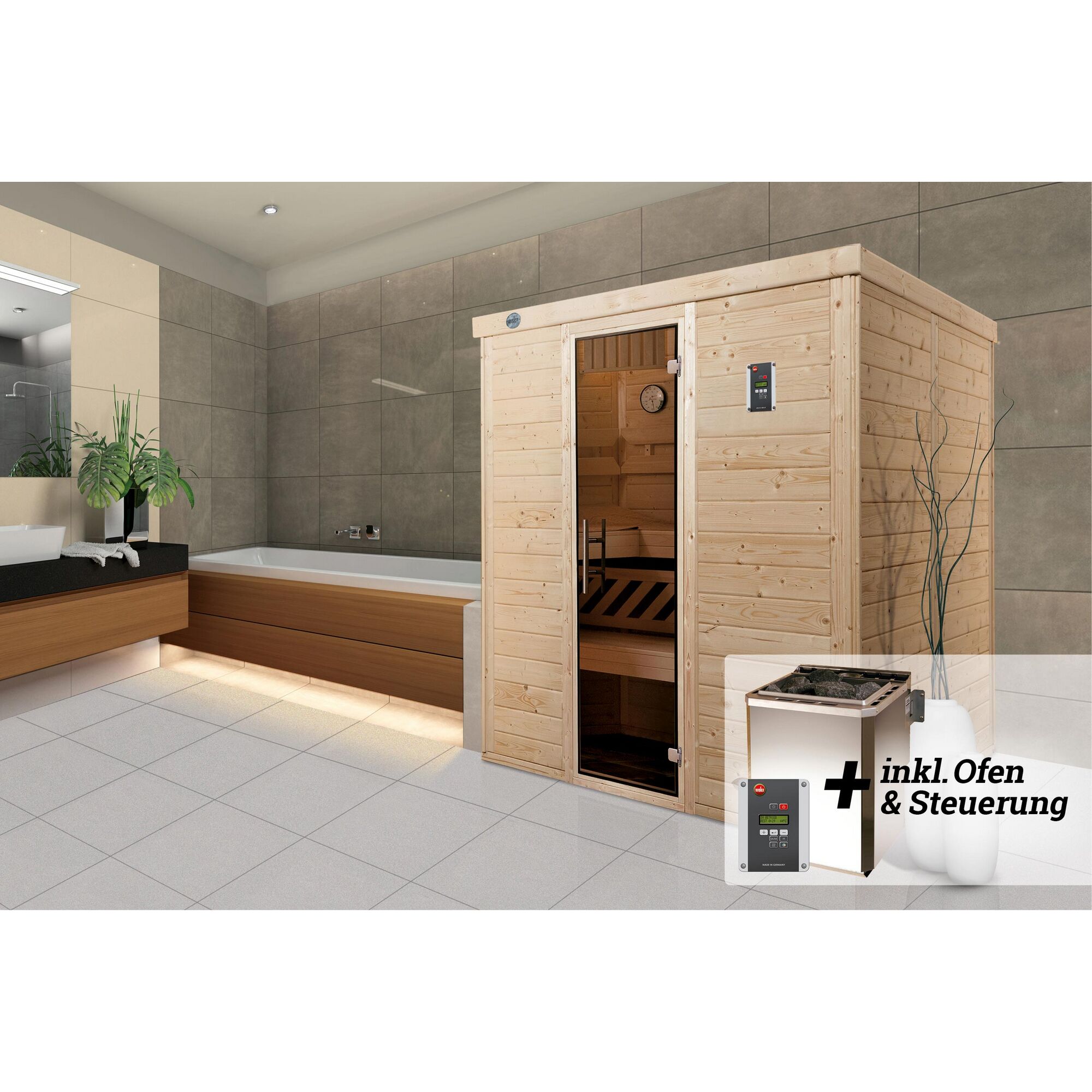 Sauna aus hellem Holz in einem Badezimmer