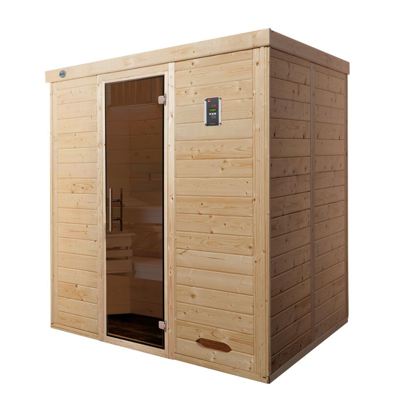 Außenansicht einer Sauna aus hellem Holz.