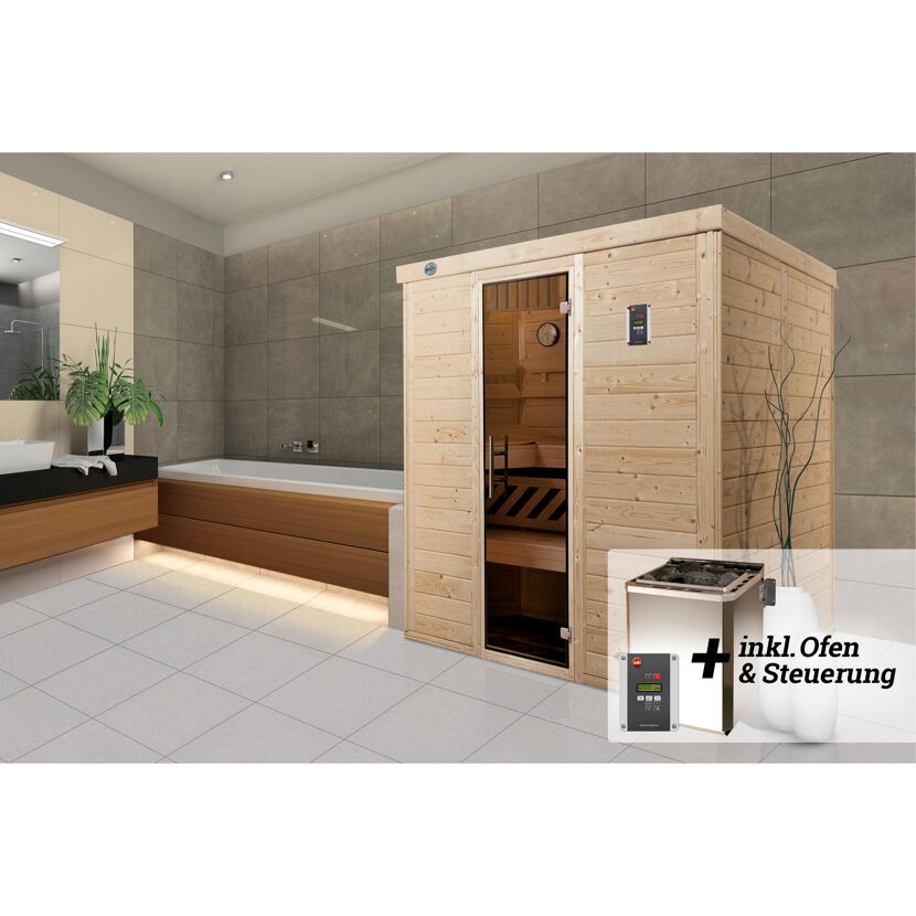 Sauna aus hellem Holz in einem Badezimmer. Ofen und Steuerung sind enthalten.