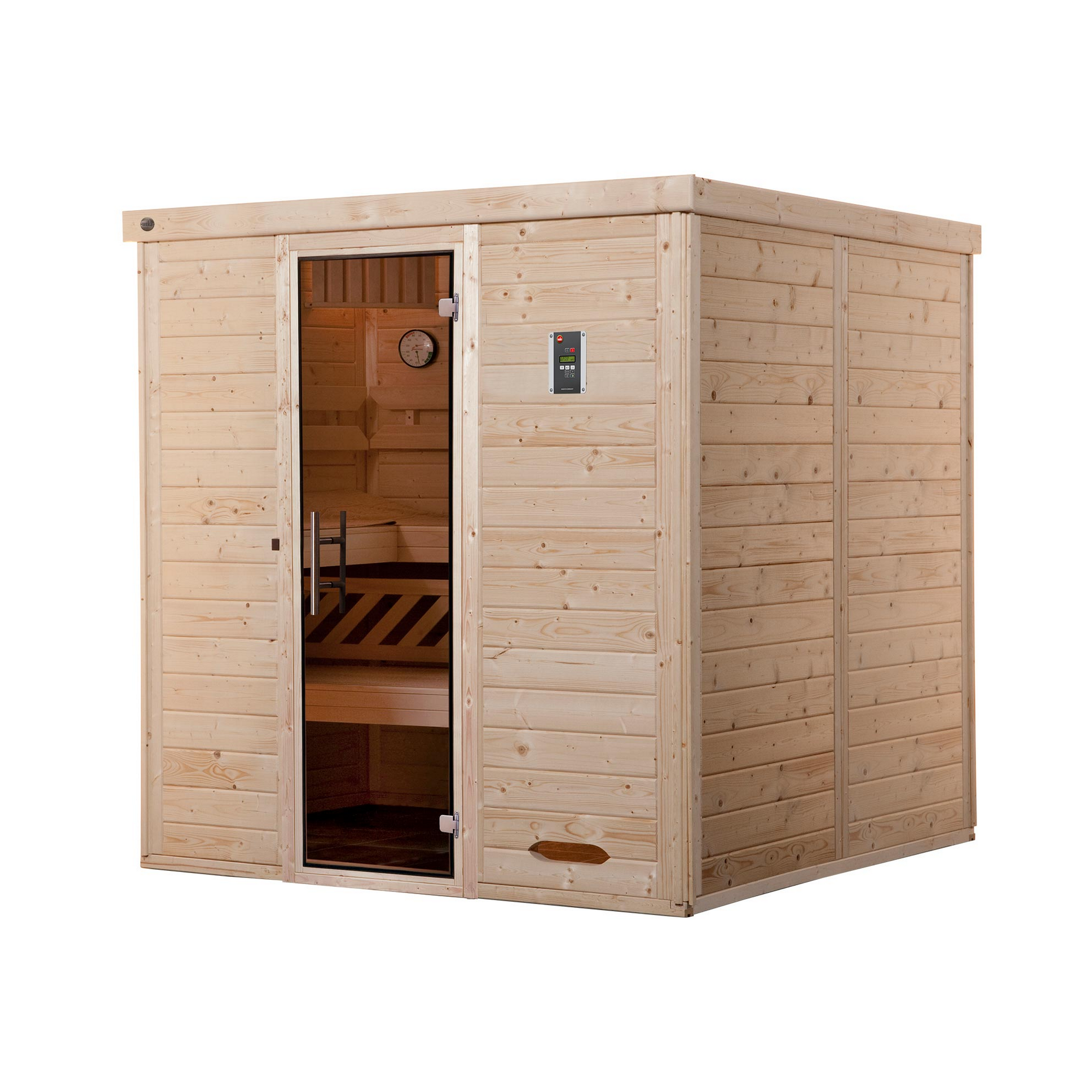 Massivholz-Elementsauna 'Kemi 4' mit 7,5 kW OS-Ofenset, Steuerung, Glastür 188 x 188 x 200 cm + product picture