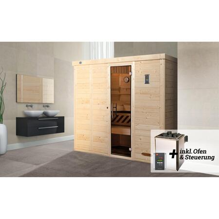 2. Bild von Massivholz-Elementsauna 'Kemi 5' mit 7,5 kW OS-Ofenset, Steuerung, Glastür 238 x 188 x 200 cm
