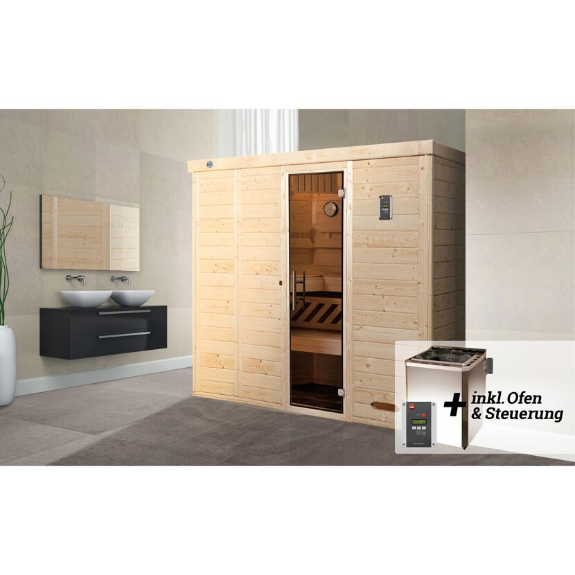 Sauna aus hellem Holz in einem Badezimmer.
