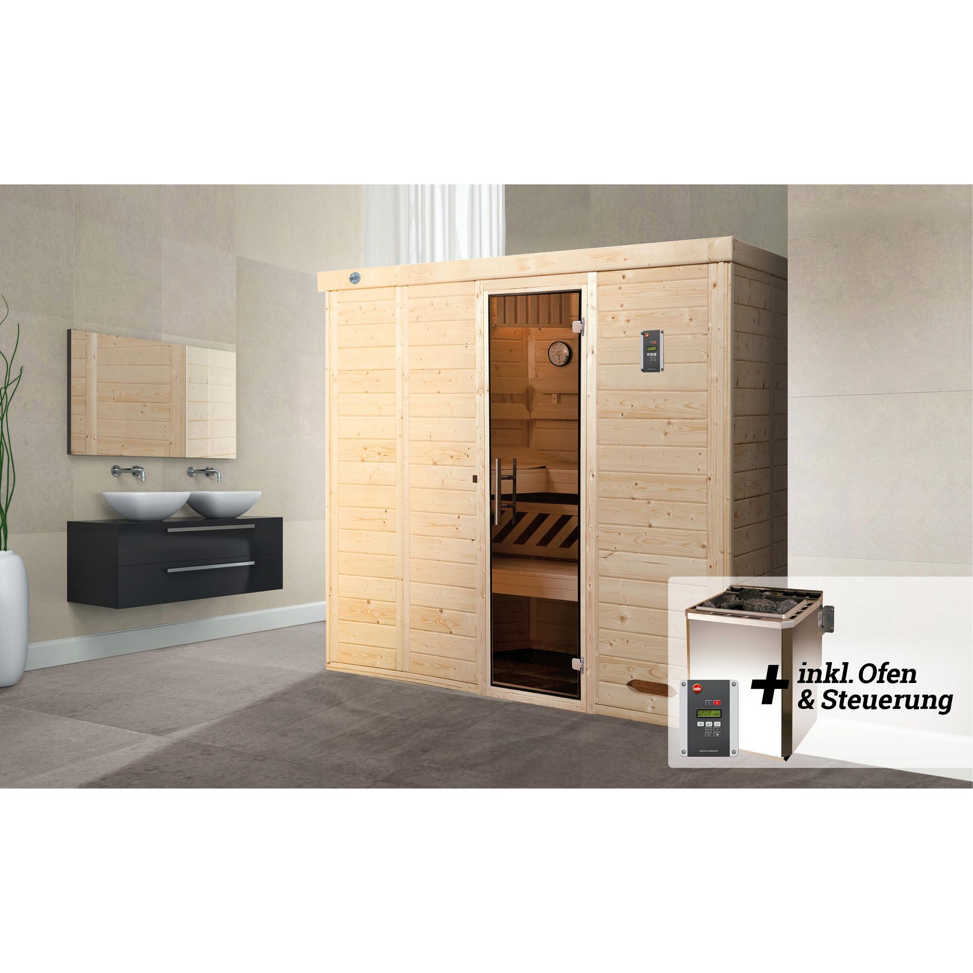 Sauna aus hellem Holz in einem Badezimmer.