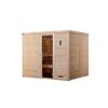 Außenansicht einer Sauna aus hellem Holz.