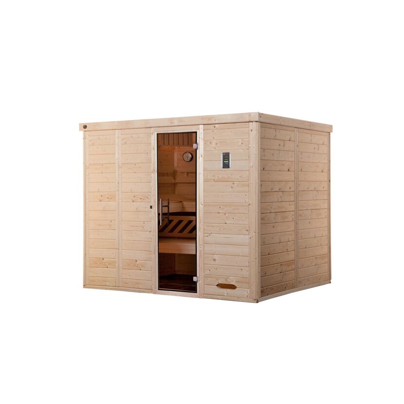 Außenansicht einer Sauna aus hellem Holz.