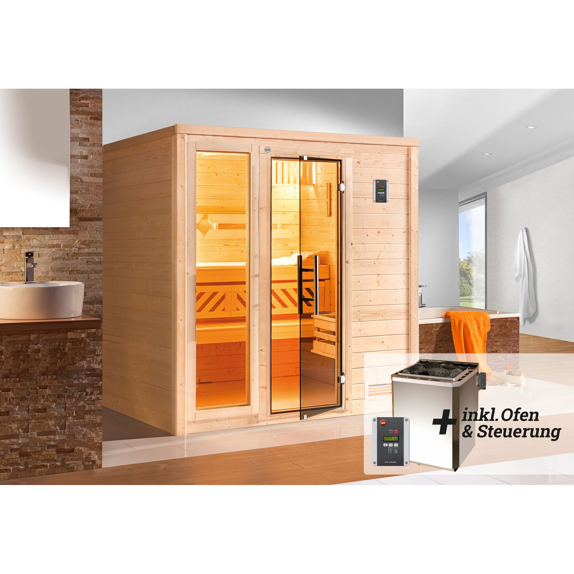 Sauna aus hellem Holz mit Ofen und Steuerung