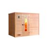 Sauna aus hellem Holz mit Fenster und digitalem Bedienfeld.