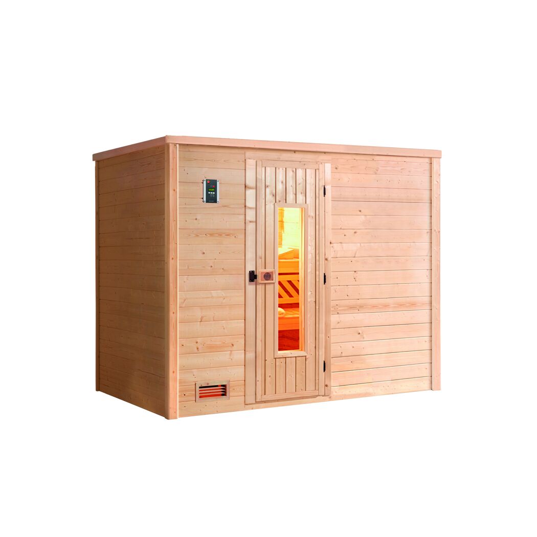 Sauna aus hellem Holz mit Fenster und digitalem Bedienfeld.