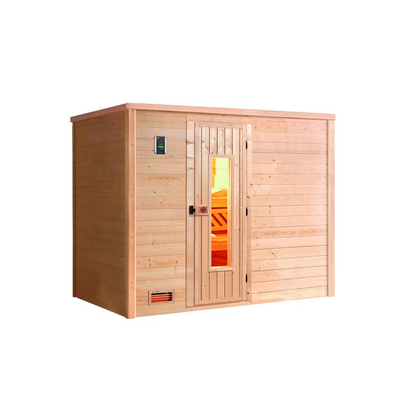 Sauna aus hellem Holz mit Fenster und digitalem Bedienfeld.