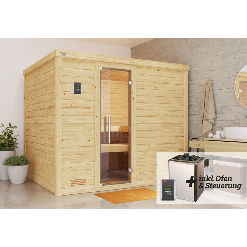 Sauna aus hellem Holz mit Saunaofen und Steuerung