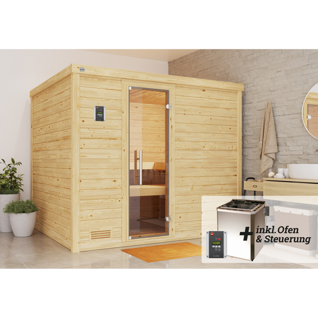 Bild von Premium-Massivholzsauna 'Bergen 3' mit 7,5 kW BioS-Ofenset, Steuerung, Glastür 238 x 188 x 205 cm