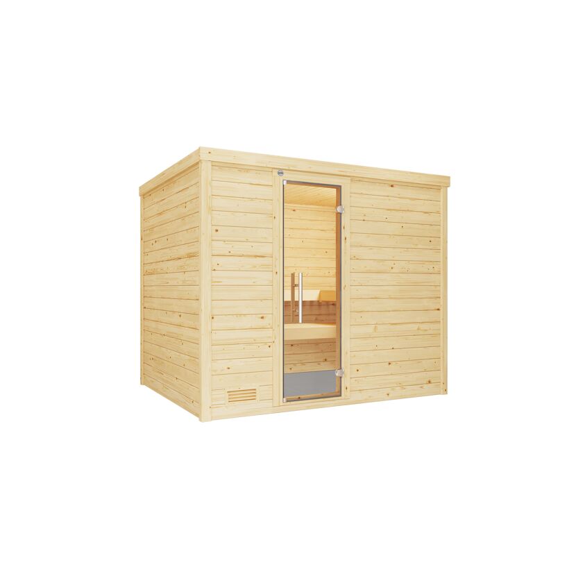 Sauna aus hellem Holz mit offener Glastür.