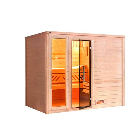 3. Bild von Premium-Massivholzsauna 'Bergen 3' mit 7,5 kW OS-Ofenset, Steuerung, Glastür, Fenster 238 x 188 x 205 cm