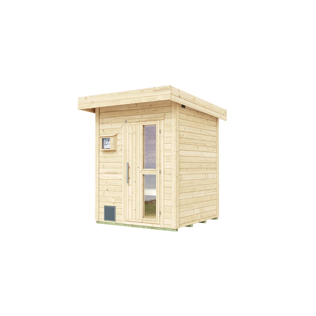 Außenansicht einer Sauna aus hellem Holz.