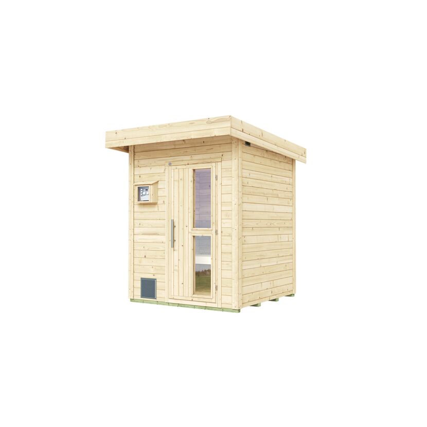 Außenansicht einer Sauna aus hellem Holz.