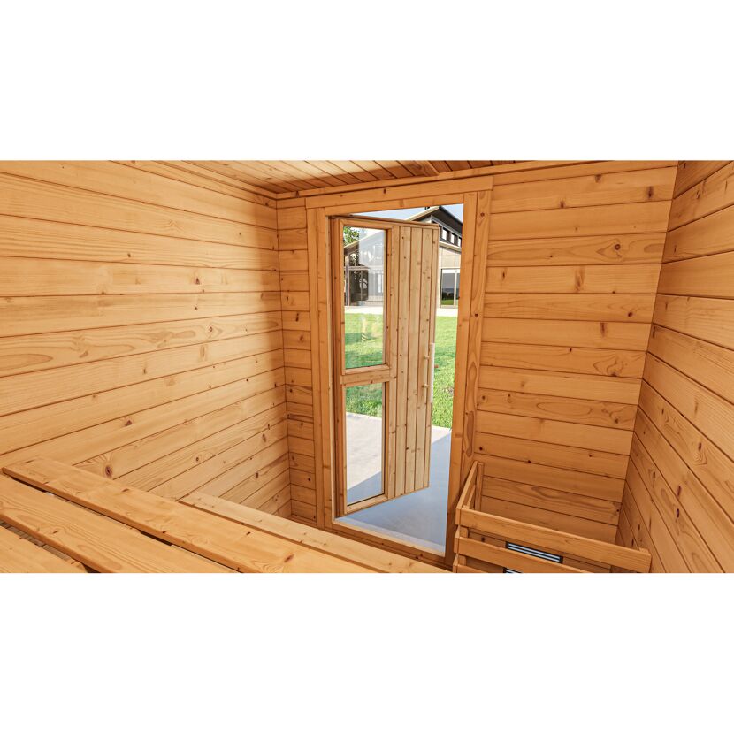 Innere Ansicht einer Sauna aus Holz mit geöffneter Tür.