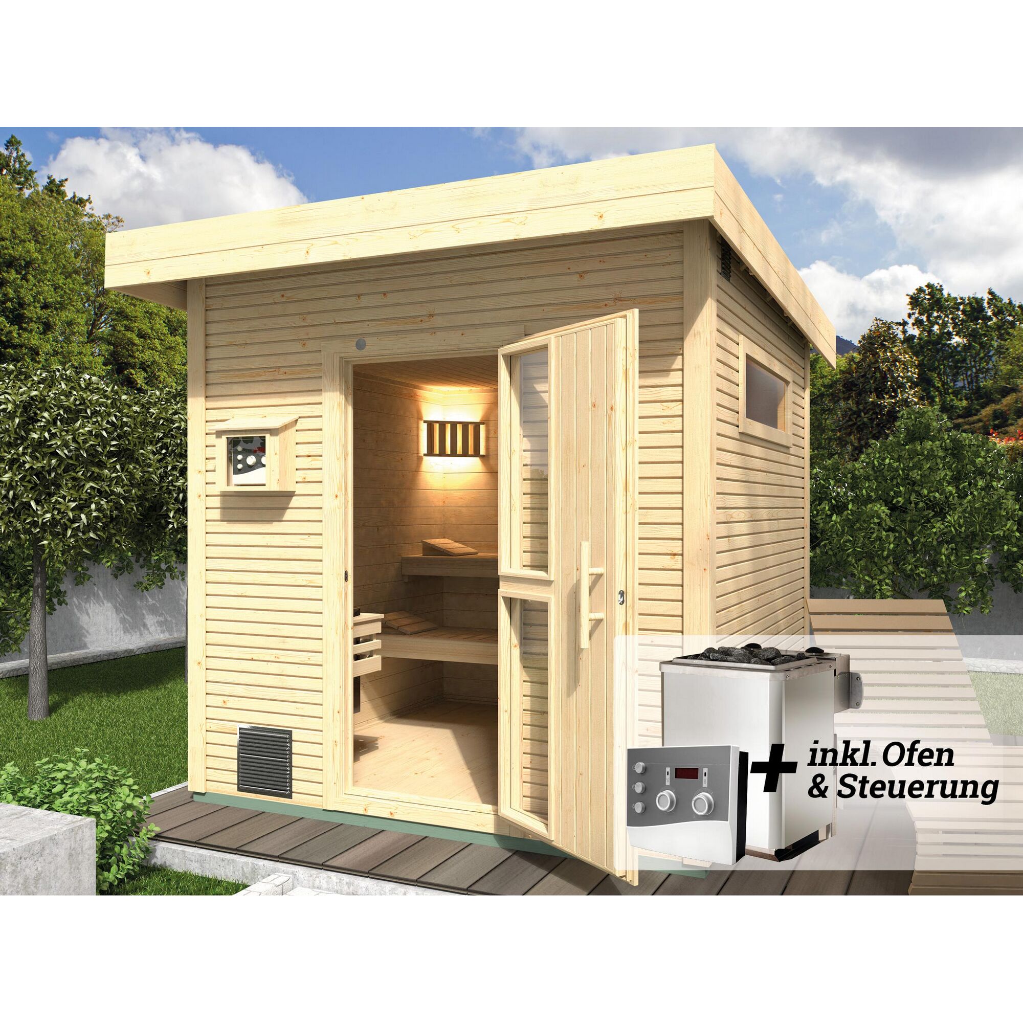 Saunahaus aus Holz mit geöffneter Tür und Saunaofen