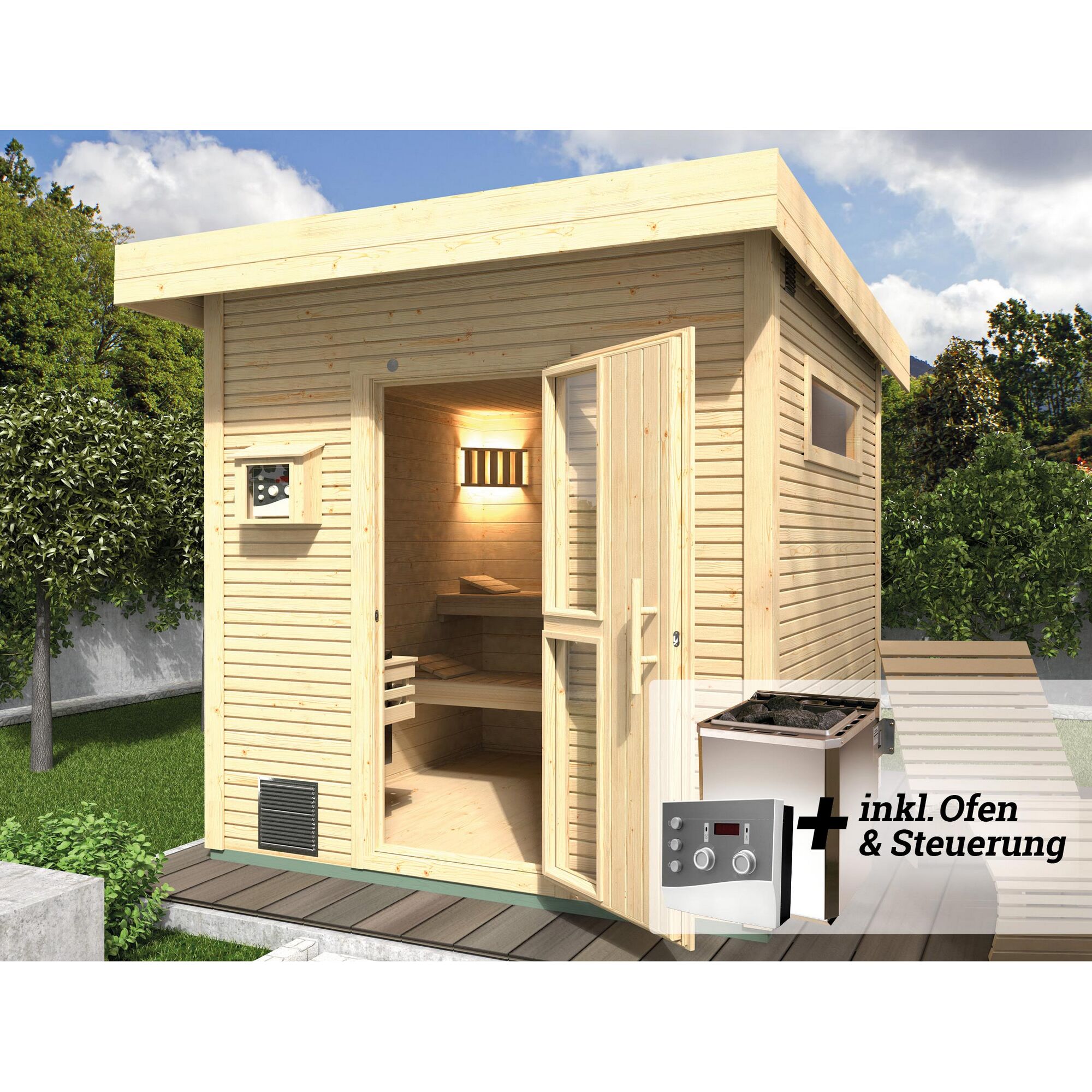 Saunahaus aus Holz mit geöffneter Tür und Saunaofen