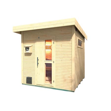 3. Bild von Design-Saunahaus 'Kuopio' natur, mit 9 kW BioS-Ofenset, analoger Steuerung 238 x 238 x 253 cm