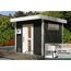 Schwarze Sauna neben Pool mit Saunaofen