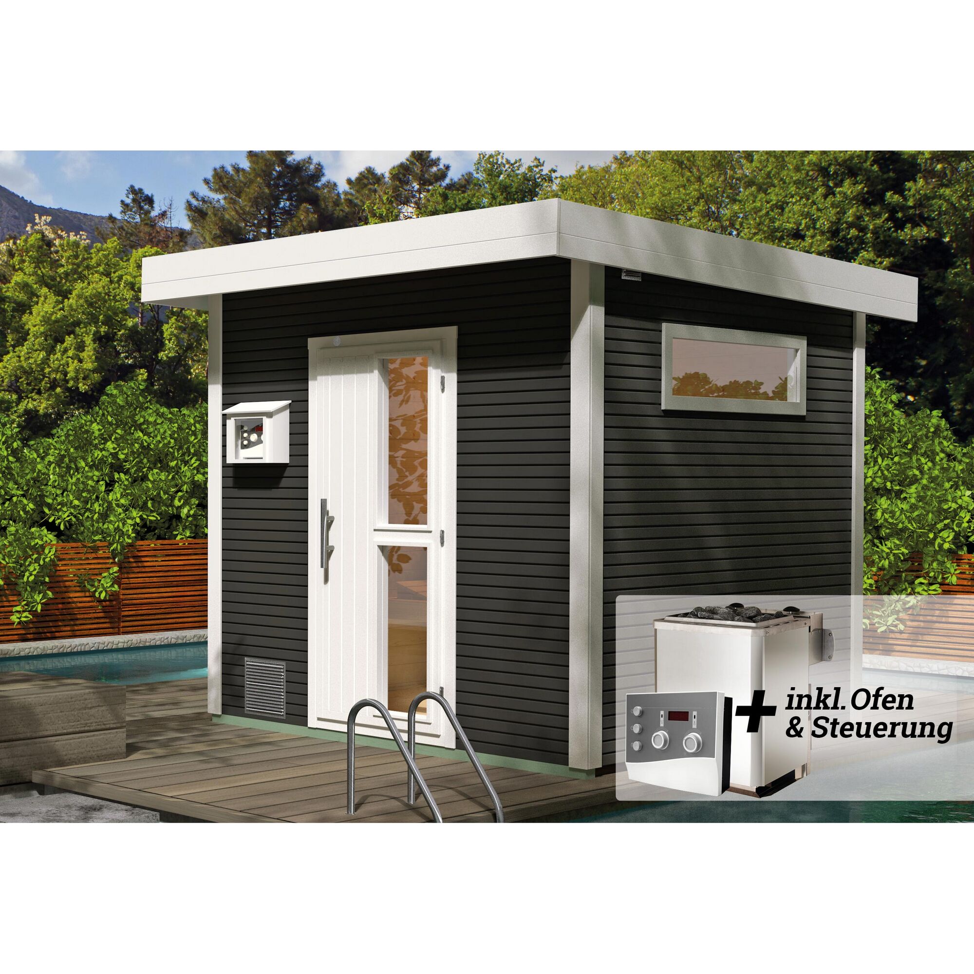 Schwarze Sauna neben Pool mit Saunaofen