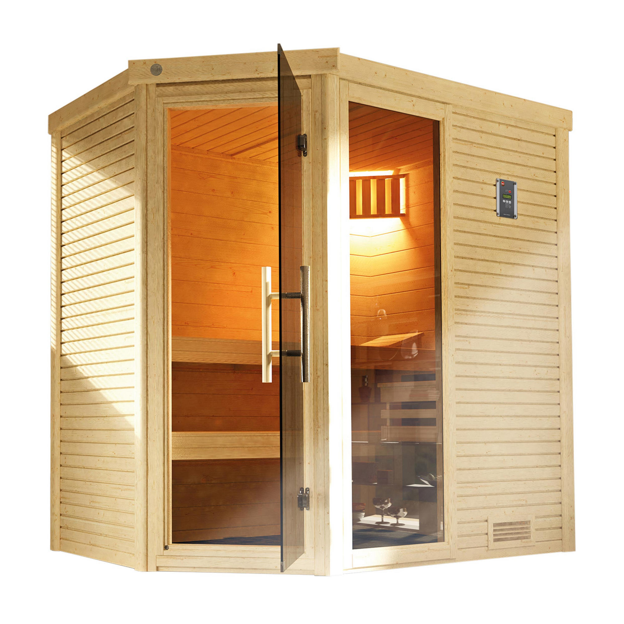 Design-Sauna 'Cubilis 1' mit 7,5 kW OS-Ofenset, Steuerung, Glastür, Fenster 198 x 148 x 205 cm + product picture