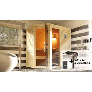 Design-Sauna 'Cubilis 1' mit 7,5 kW BioS-Ofenset, Steuerung, Glastür, Fenster 198 x 148 x 205 cm