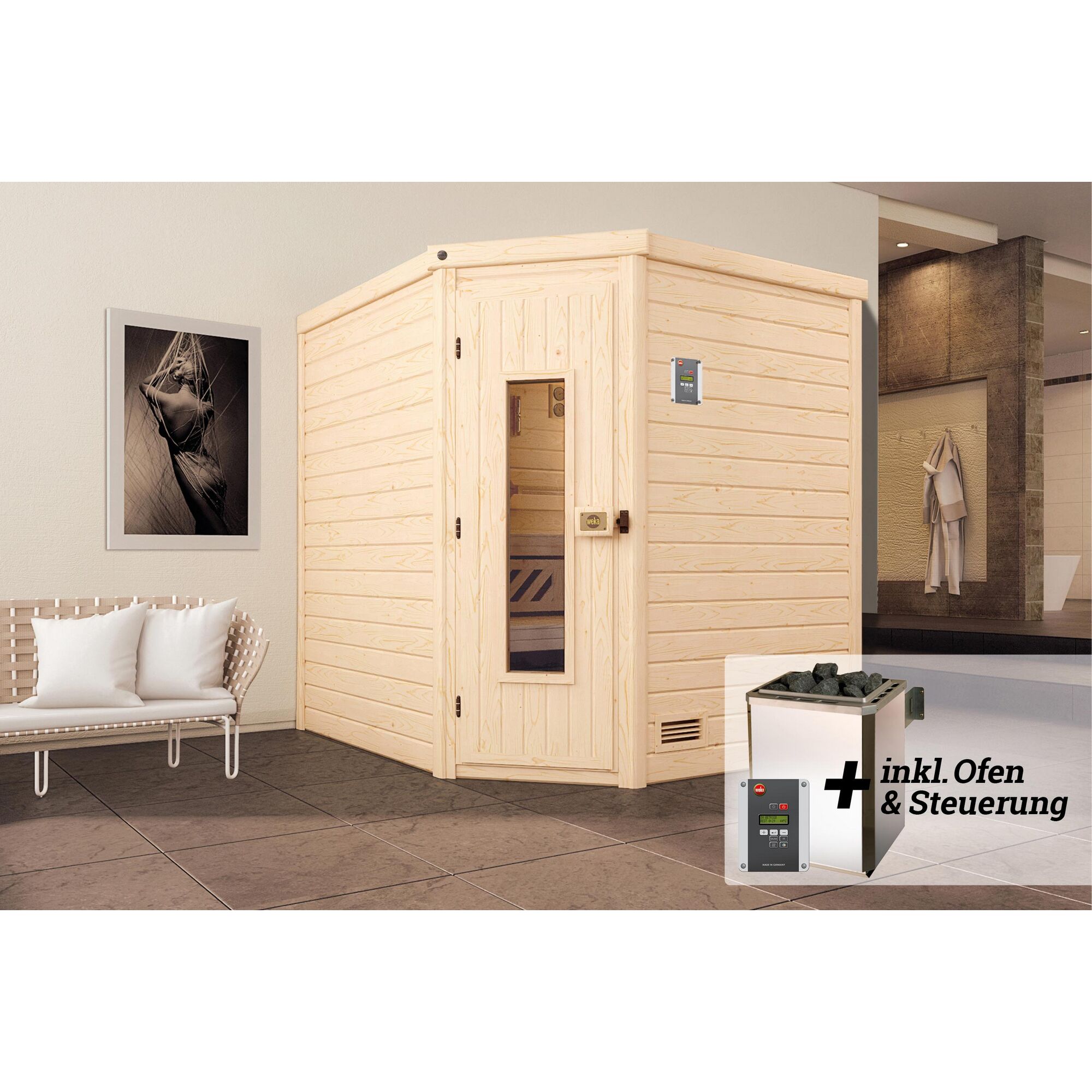 Ecksauna aus hellem Holz mit Saunaofen und Steuerung