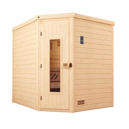 3. Bild von Premium-Massivholzsauna 'Turku 2 Eck' mit 7,5 kW OS-Ofenset, Steuerung, Massivholztür 188 x 188 x 205 cm