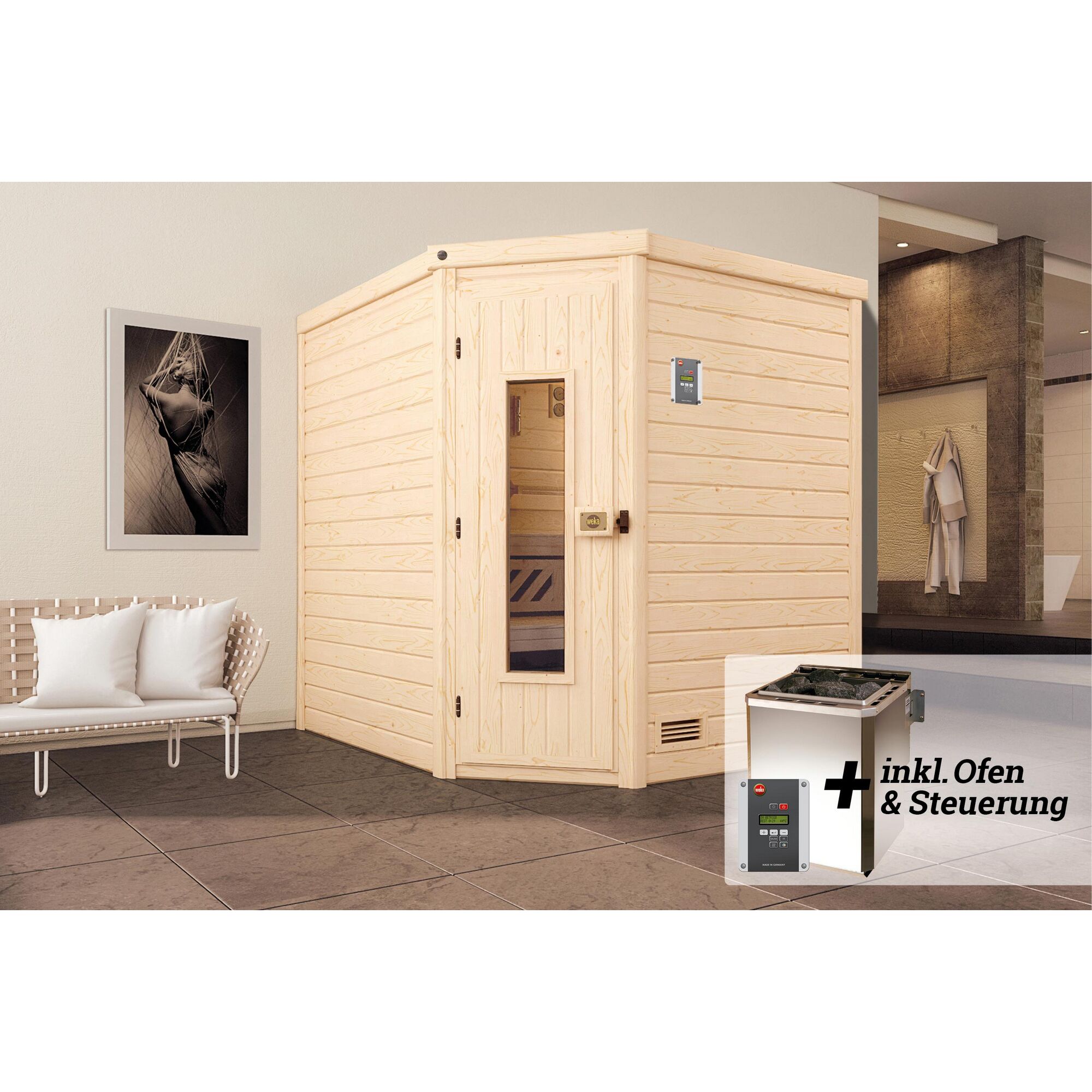 Ecksauna aus hellem Holz mit Saunaofen und Steuerung