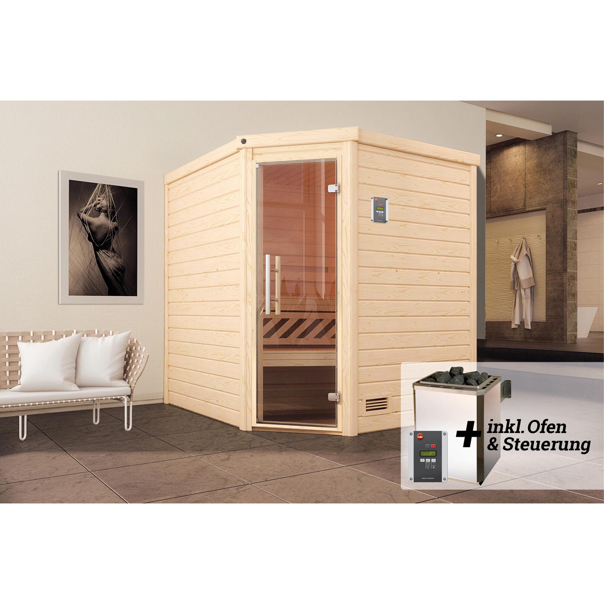 Ecksauna aus hellem Holz mit Saunaofen und Steuerung